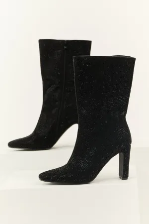 Black Rhinestone Zip Up Heeled Boots