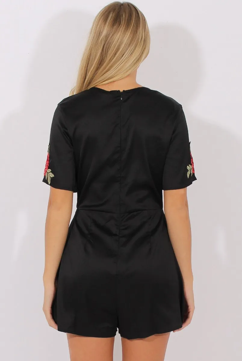 Black Short Sleeved Embroidered Playsuit - Carmen