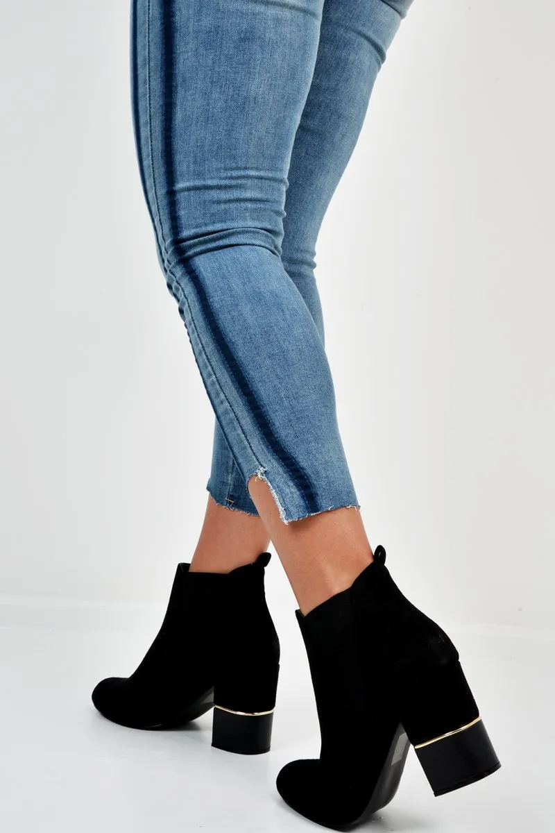 Black Suede Gold Detail Heeled Ankle Boots - Annison