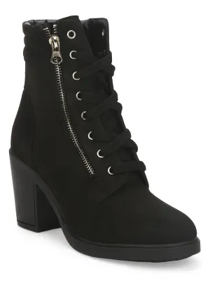 Black Suede Lace Up Block Heel Ankle Boots