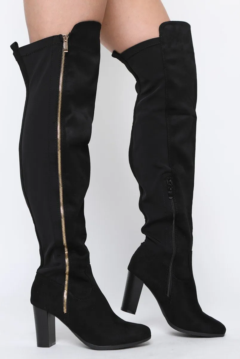 Black Suede Zip Detail Heeled Over The Knee Boots - Tara