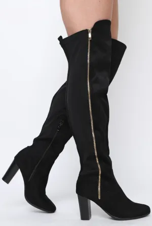 Black Suede Zip Detail Heeled Over The Knee Boots - Tara