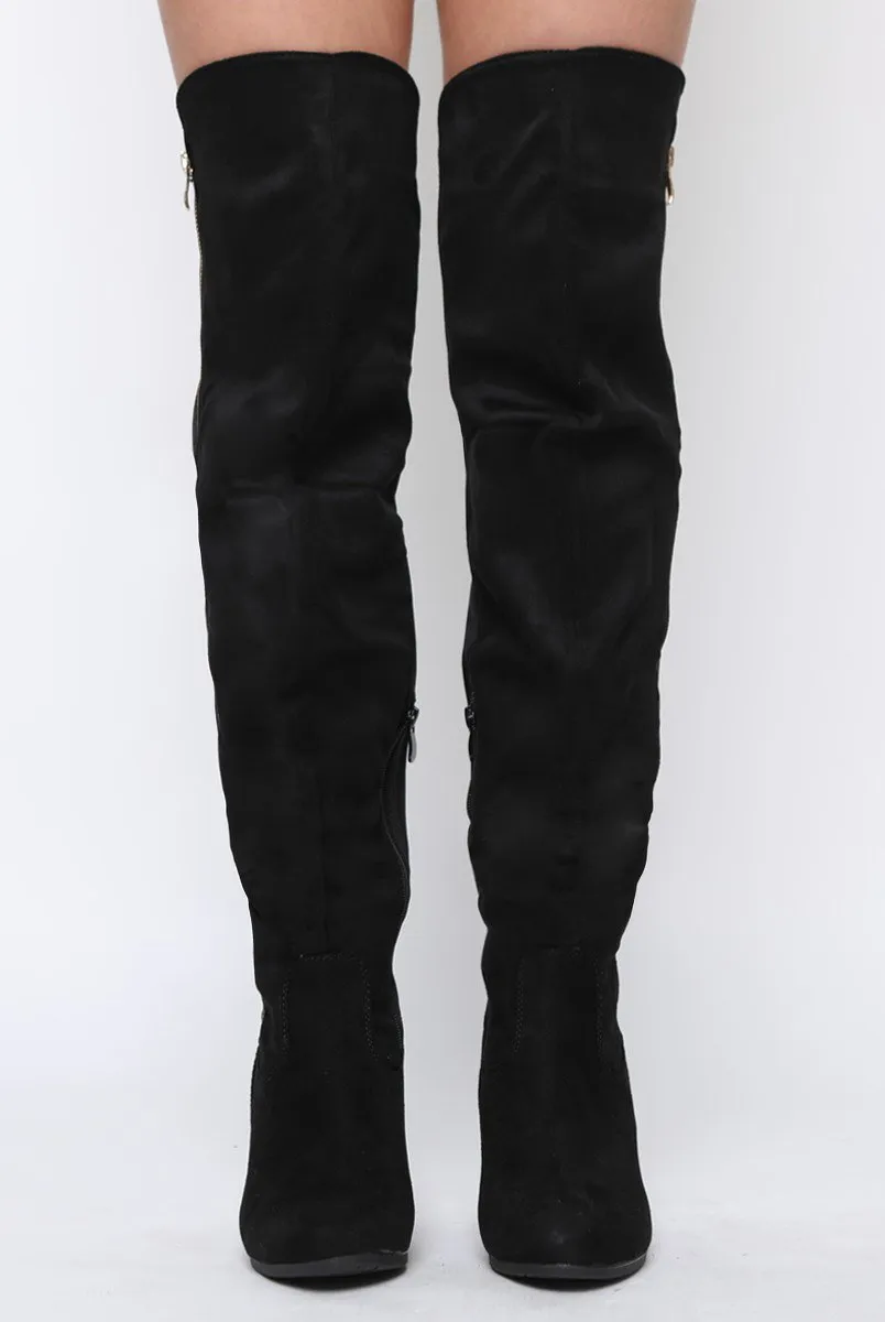 Black Suede Zip Detail Heeled Over The Knee Boots - Tara