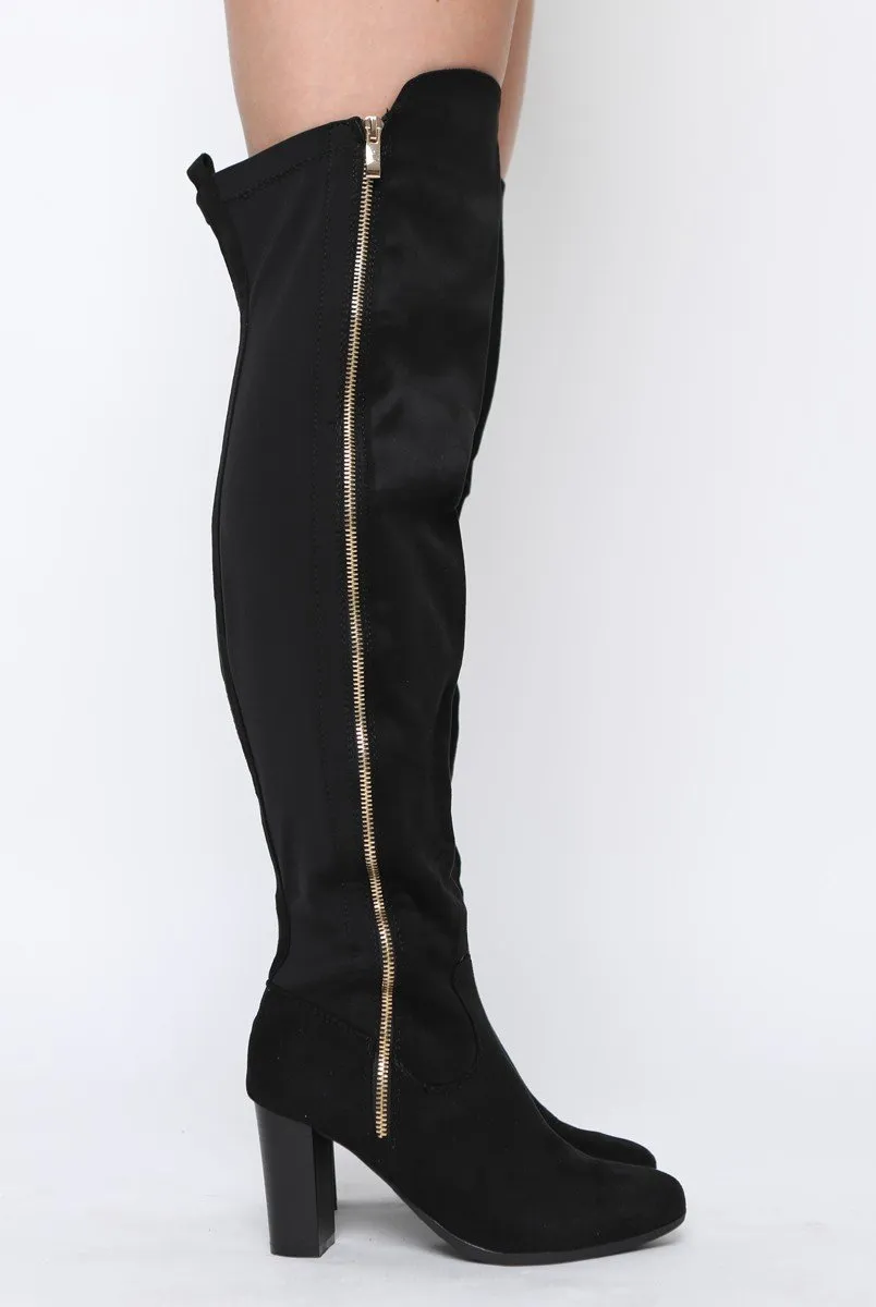 Black Suede Zip Detail Heeled Over The Knee Boots - Tara