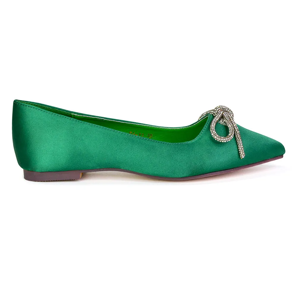 Blossom Diamante Bow Detail Pointed Toe Ballerina Pumps in Green