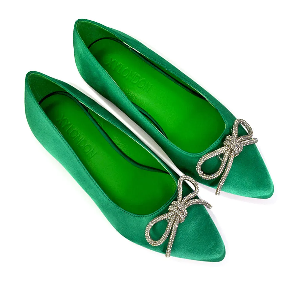 Blossom Diamante Bow Detail Pointed Toe Ballerina Pumps in Green