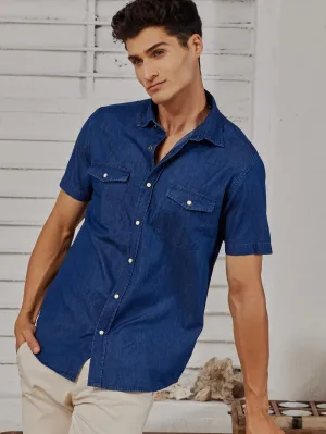 Blue Silky Denim Cargo Shirt