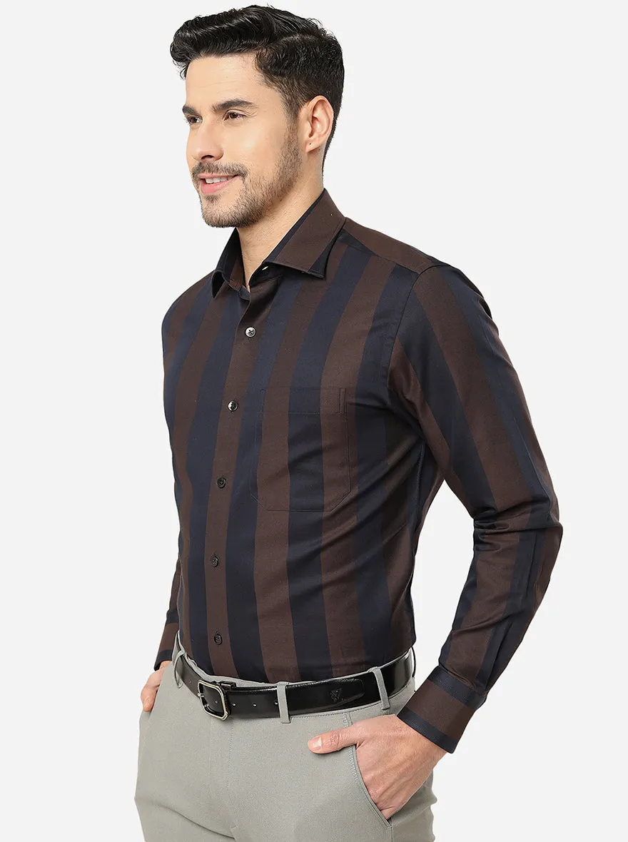 Brown & Navy Striped Slim Fit Formal Shirt | Metal