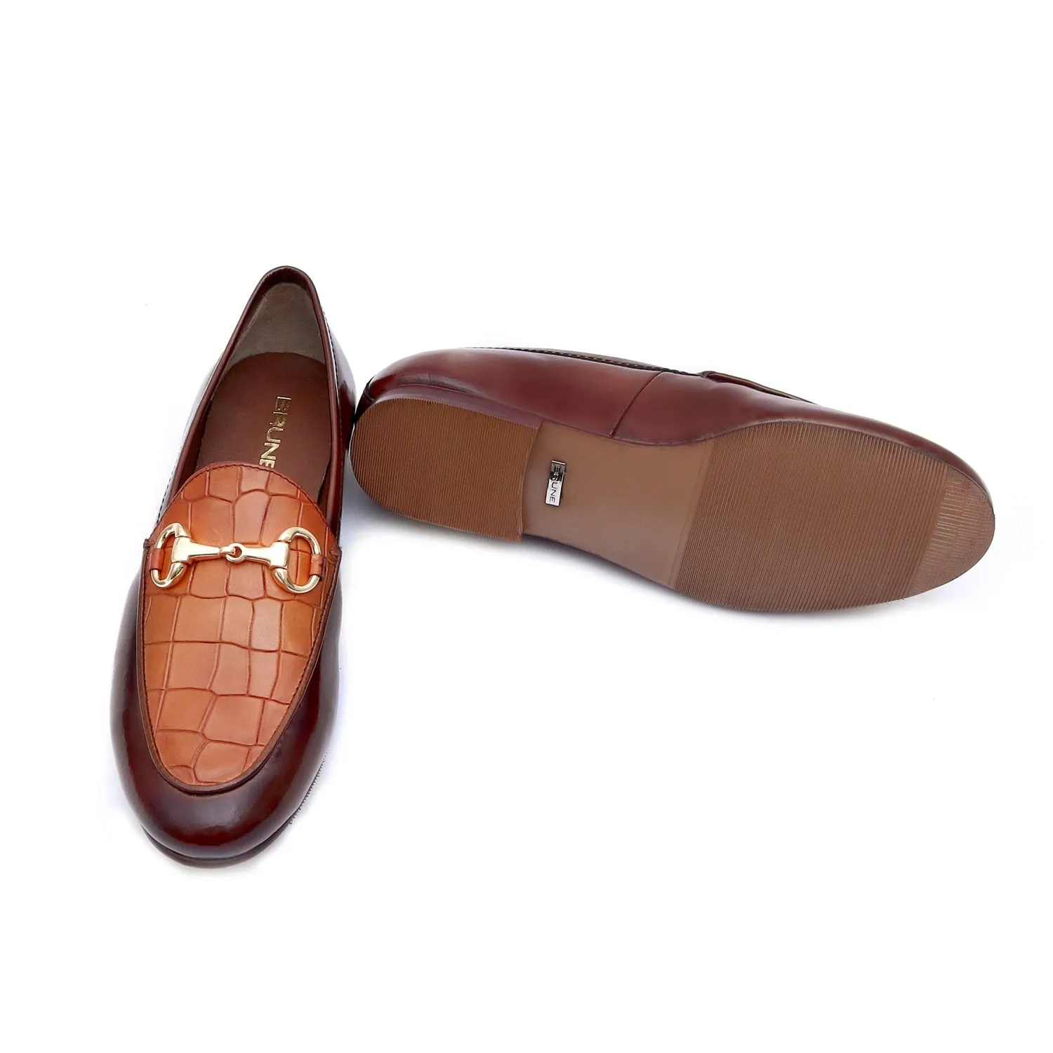 Brown Brush Off Leather Loafers with Tan Deep Cut Croco Leather at Vamp for Ladies by Brune & Bareskin