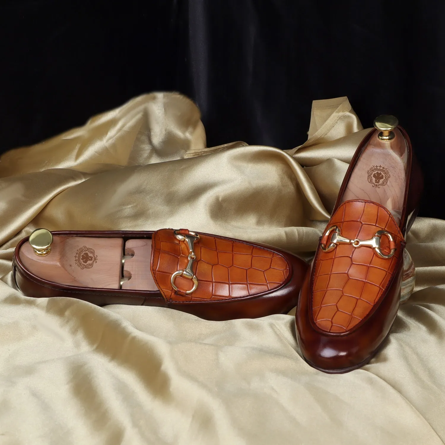 Brown Brush Off Leather Loafers with Tan Deep Cut Croco Leather at Vamp for Ladies by Brune & Bareskin