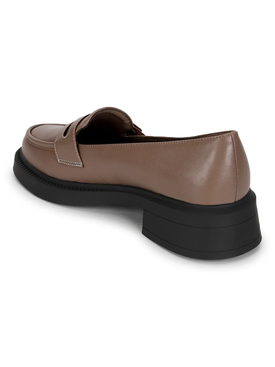 Brown PU Double Buckle Slip-On Heel Loafers (TC-RS3588-BRO)