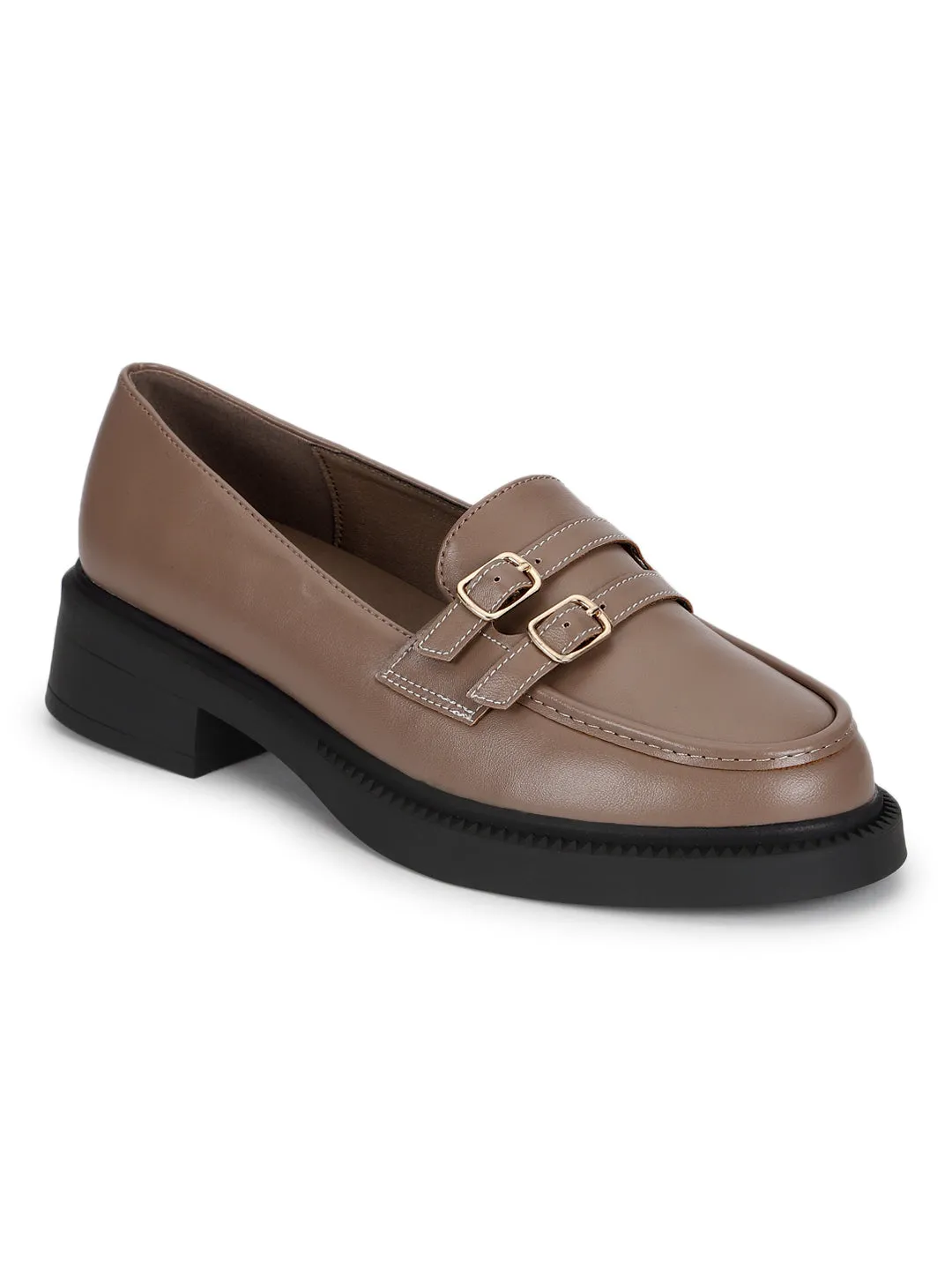 Brown PU Double Buckle Slip-On Heel Loafers (TC-RS3588-BRO)