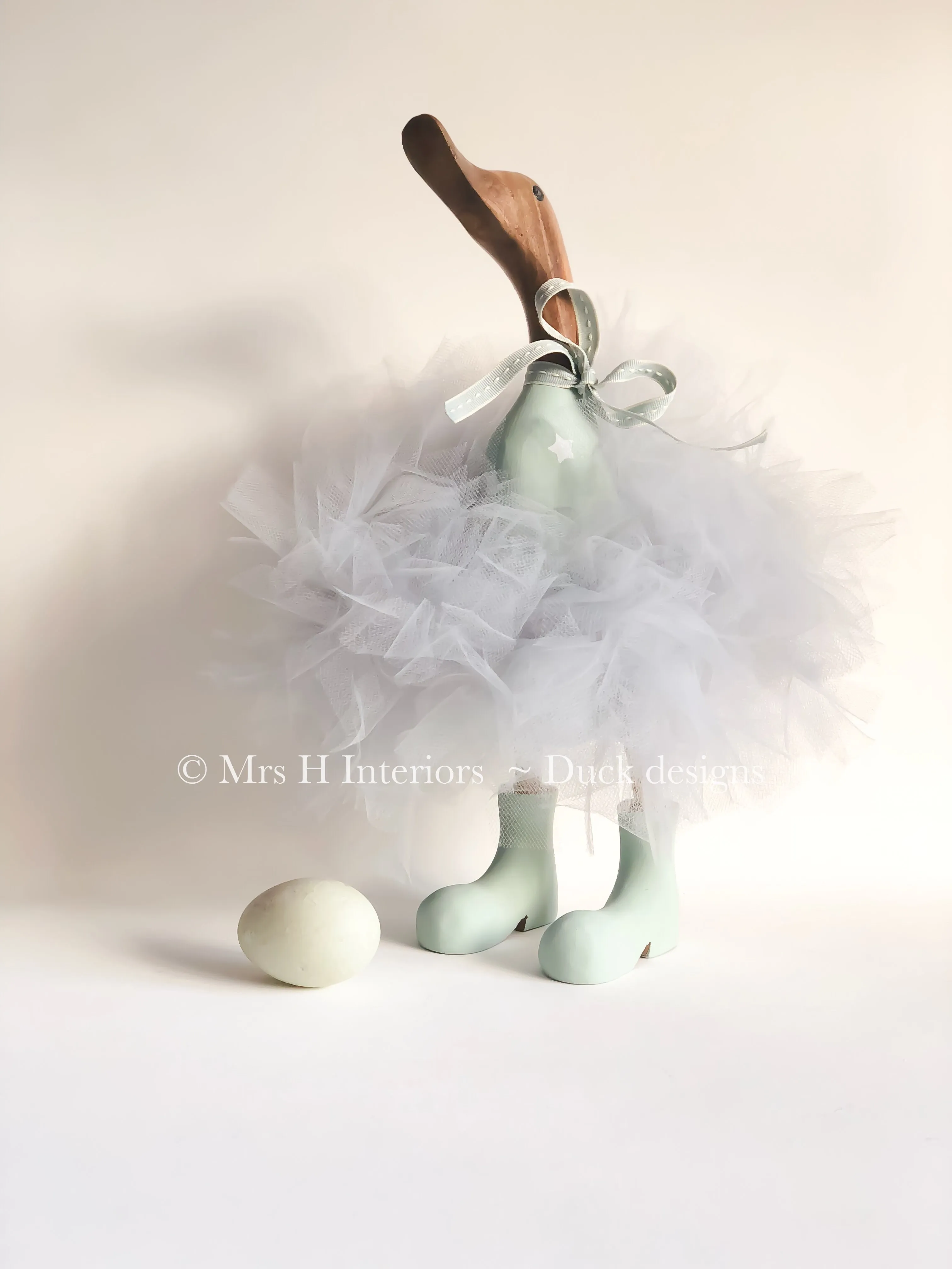 Bubbles - Grey with Stars Grey Tutu Duck - Decorated Wooden Duck in Boots by Mrs H the Duck Lady