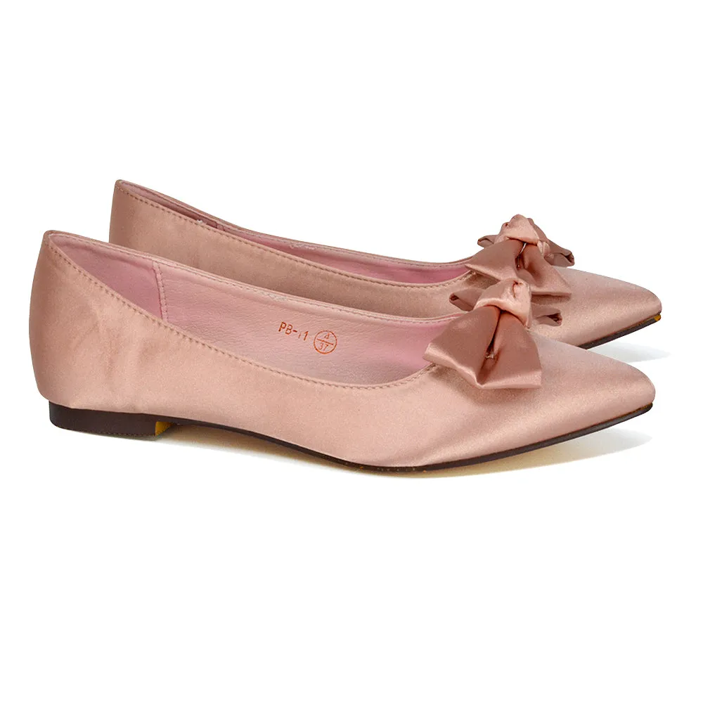 Cally Bow Detail Pointed Toe Ballerina Bridal Flats Pump Shoes in Pink