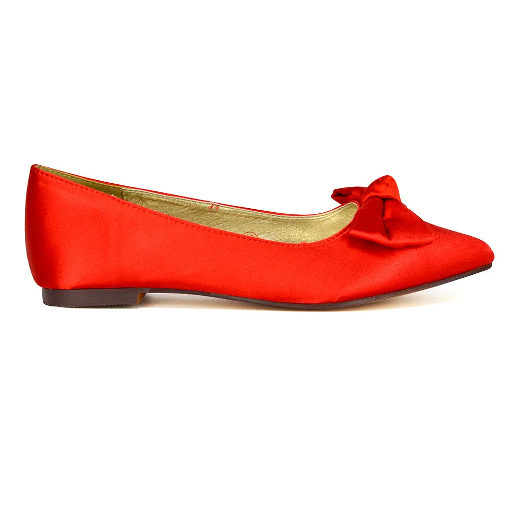 Cally Bow Detail Pointed Toe Ballerina Bridal Flats Pump Shoes in Red