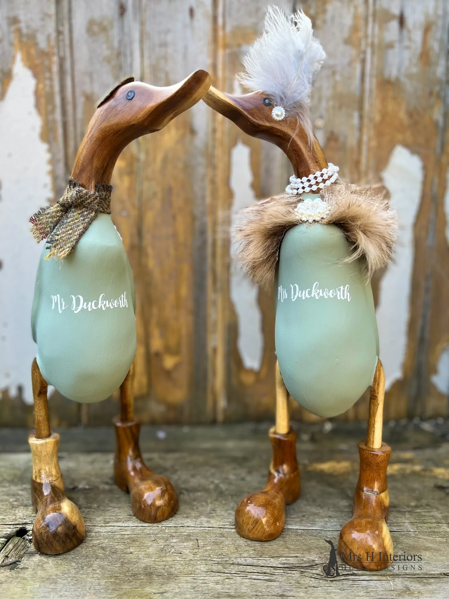 Caped Country Lady in Sage Green - Personalised Decorated Wooden Duck in Boots by Mrs H the Duck Lady