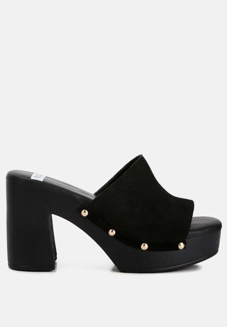 Cartera Suede High Block Heel Clogs In Black