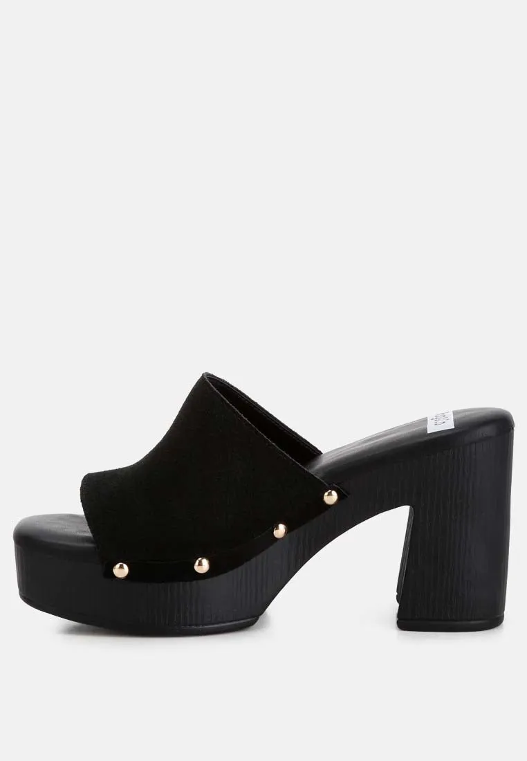 Cartera Suede High Block Heel Clogs In Black