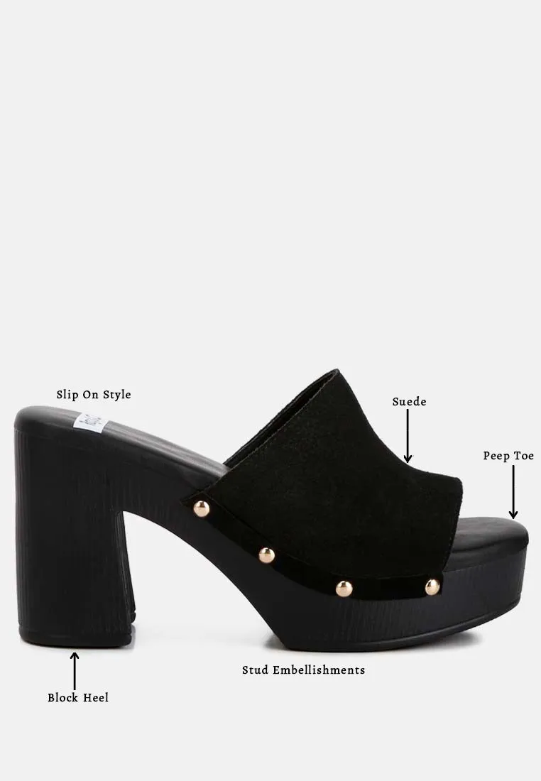 Cartera Suede High Block Heel Clogs In Black