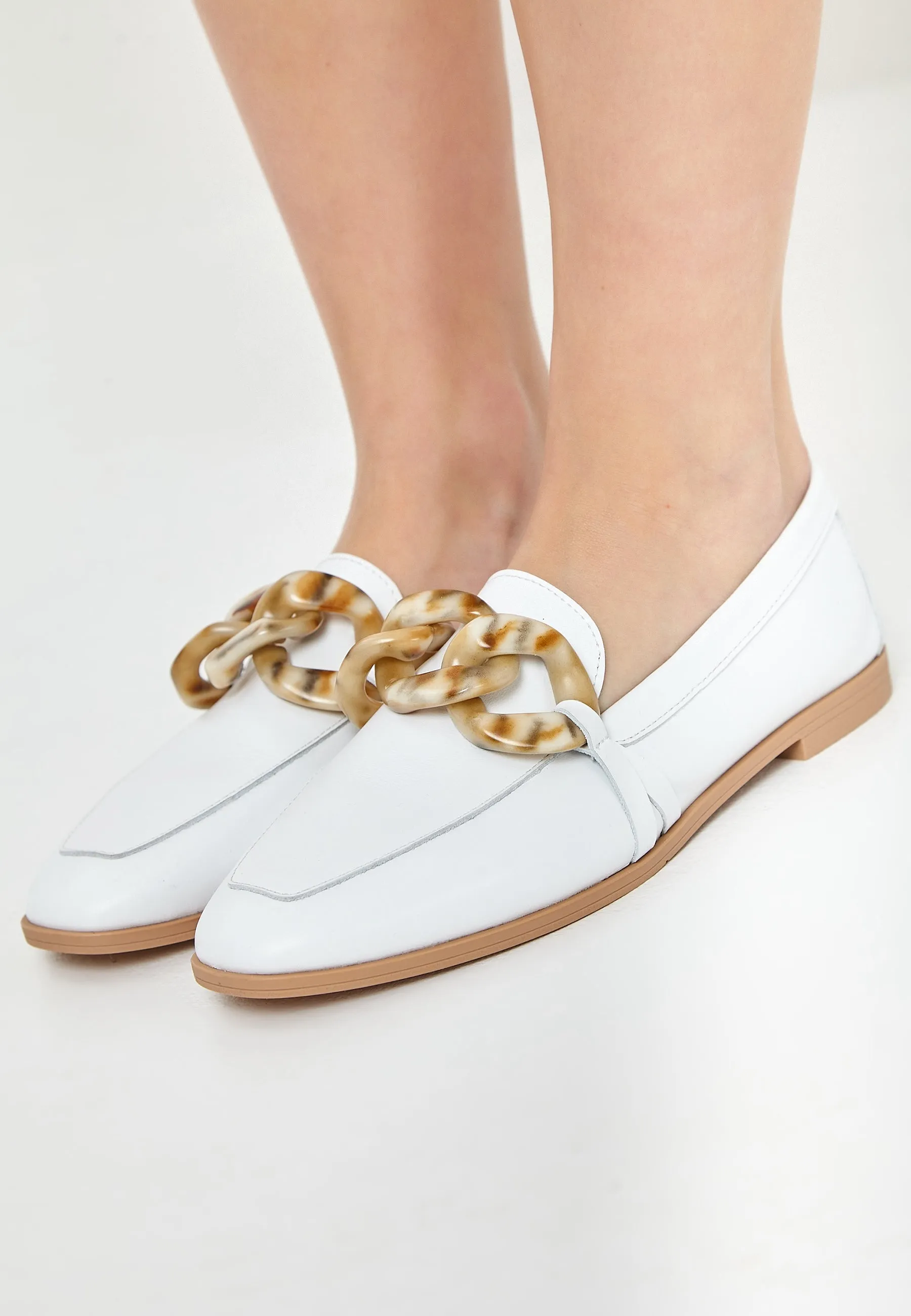 Classic Leather Flat Sole Loafers - White