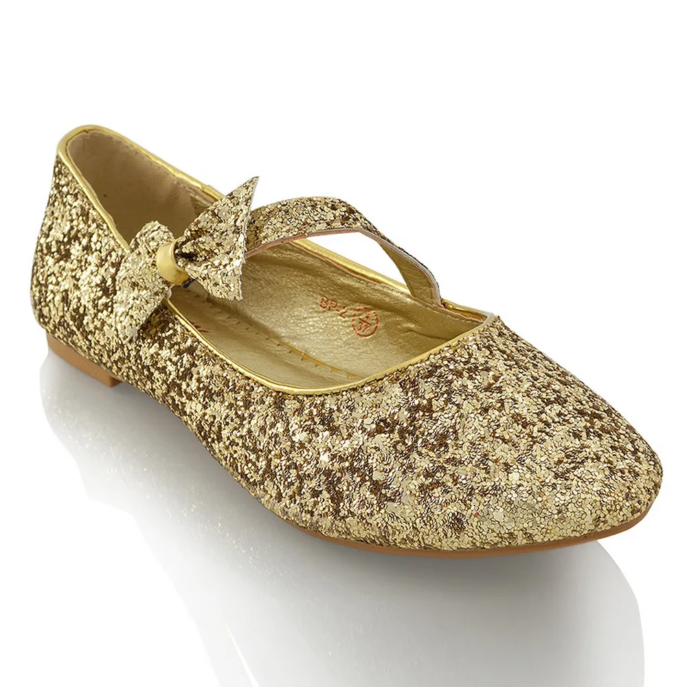 COLETTE FLAT LOW HEEL STRAPPY WITH BOW DETAILING BALLERINA PUMP SHOES IN GOLD GLITTER