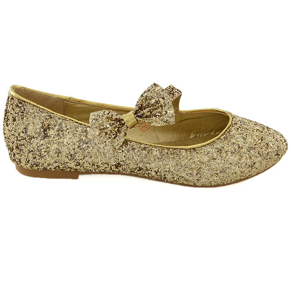 COLETTE FLAT LOW HEEL STRAPPY WITH BOW DETAILING BALLERINA PUMP SHOES IN GOLD GLITTER