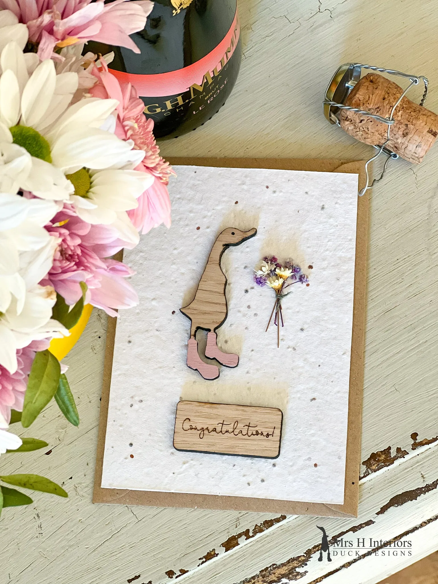 Congratulations Card - Duck with Flowers - Decorated Wooden Duck in Boots by Mrs H the Duck Lady