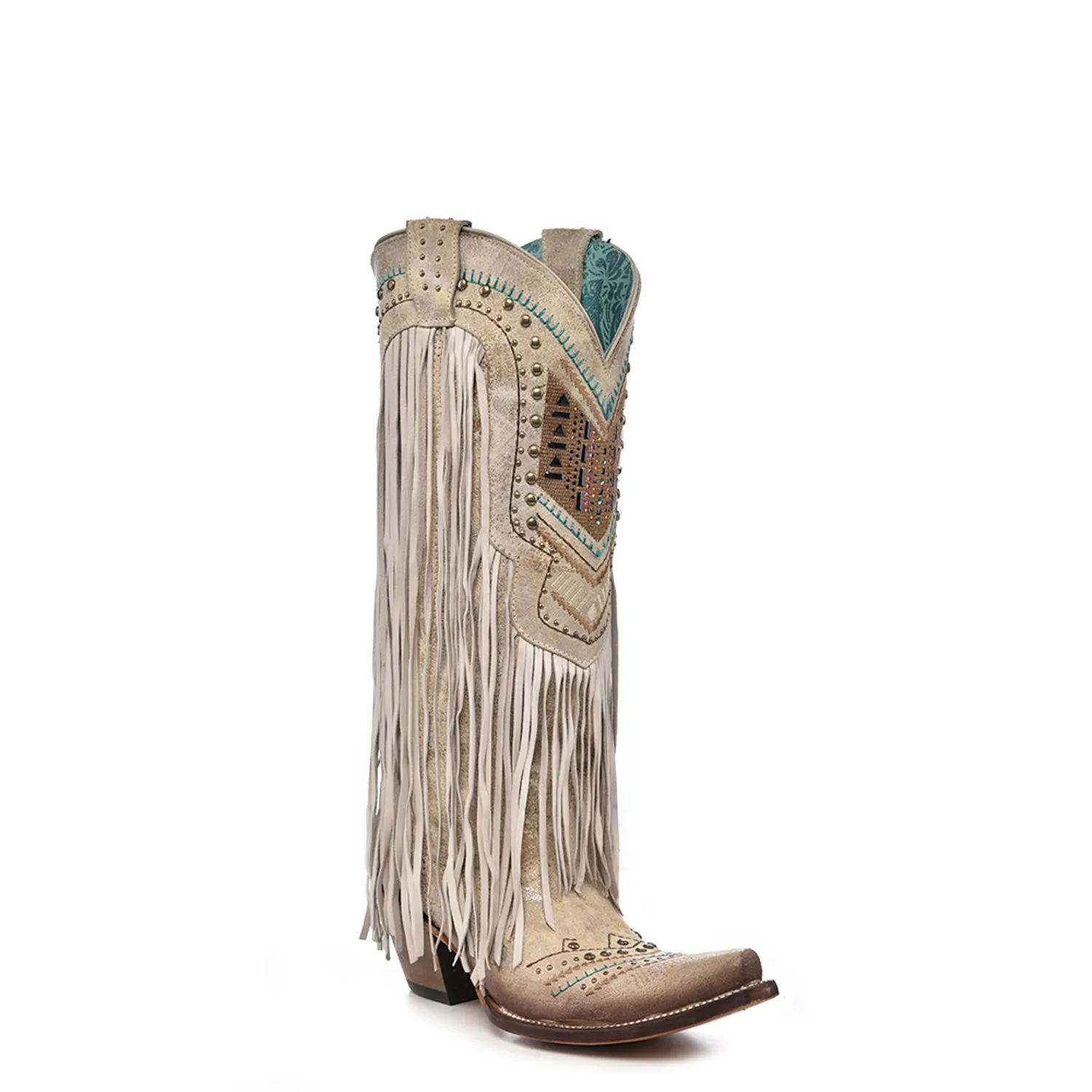 Corral Womens Crystals Pattern Embroidery Fringe Brown Cowhide 14in Cowboy Boots