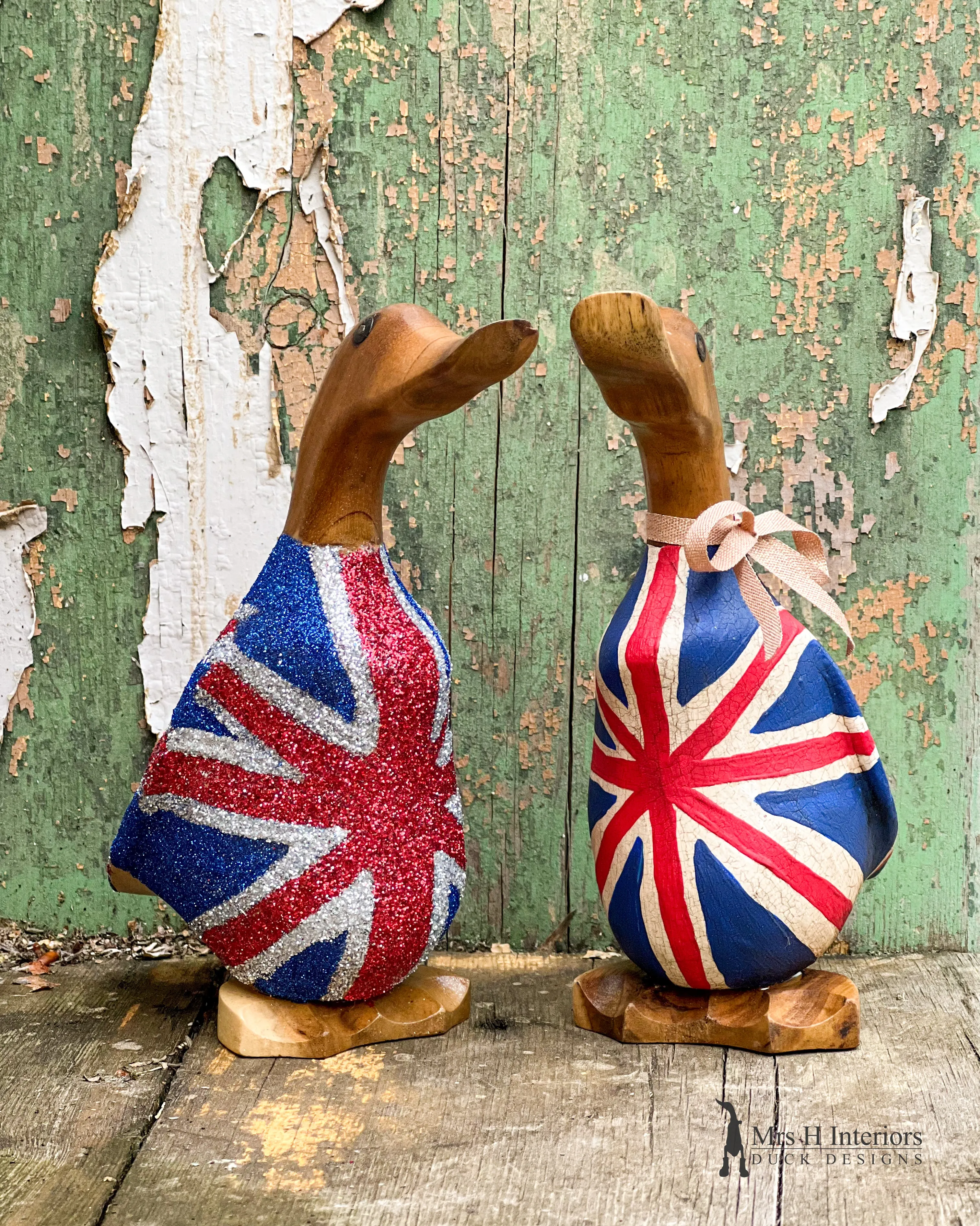 Crackle Jack Wooden Duck - The Union Jack UK Flag Duck - Coronation Decorated Wooden Duck in Boots by Mrs H the Duck Lady