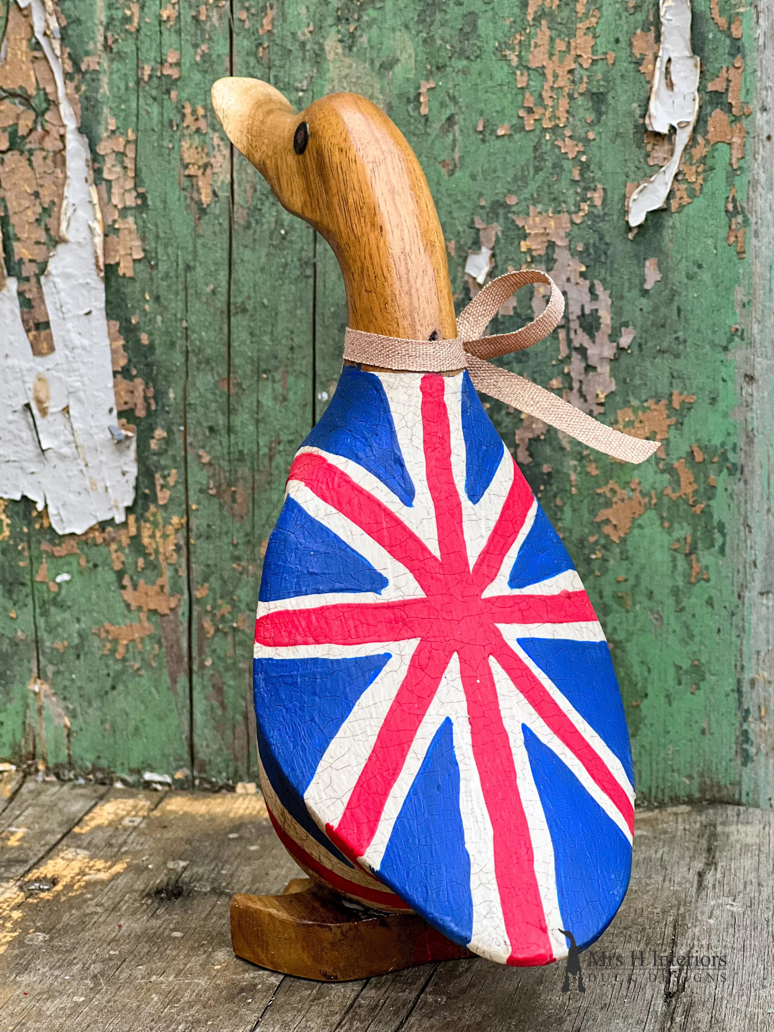 Crackle Jack Wooden Duck - The Union Jack UK Flag Duck - Coronation Decorated Wooden Duck in Boots by Mrs H the Duck Lady