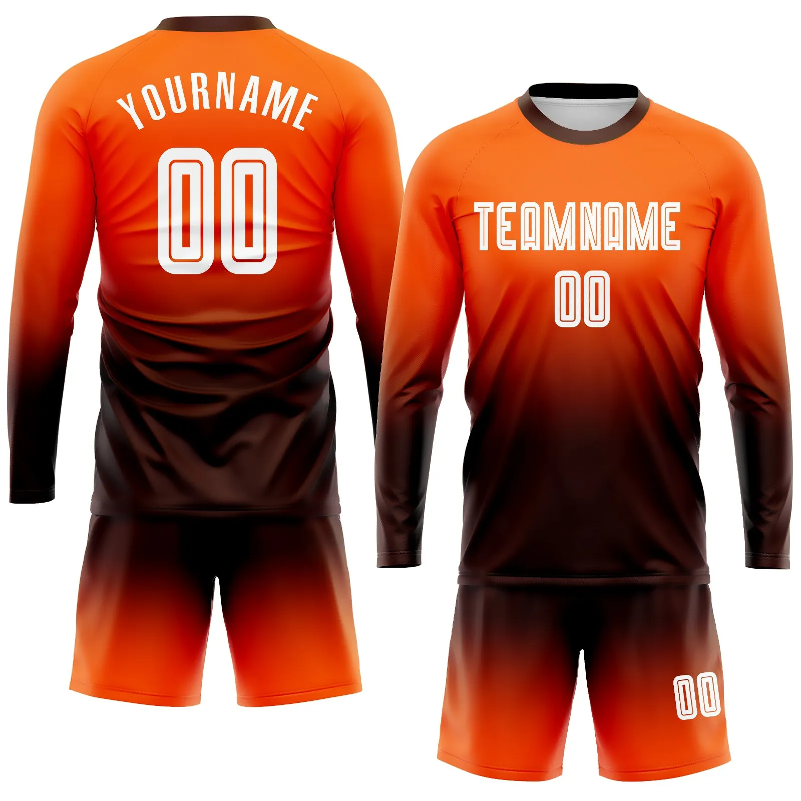 Custom Orange White-Brown Sublimation Long Sleeve Fade Fashion Soccer Uniform Jersey