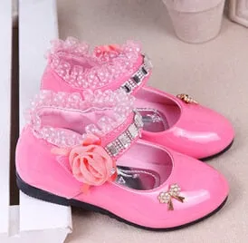 Cute Girls' Bow-Knot Trim Lace PU Princess Shoes With Rose Shape Buckle