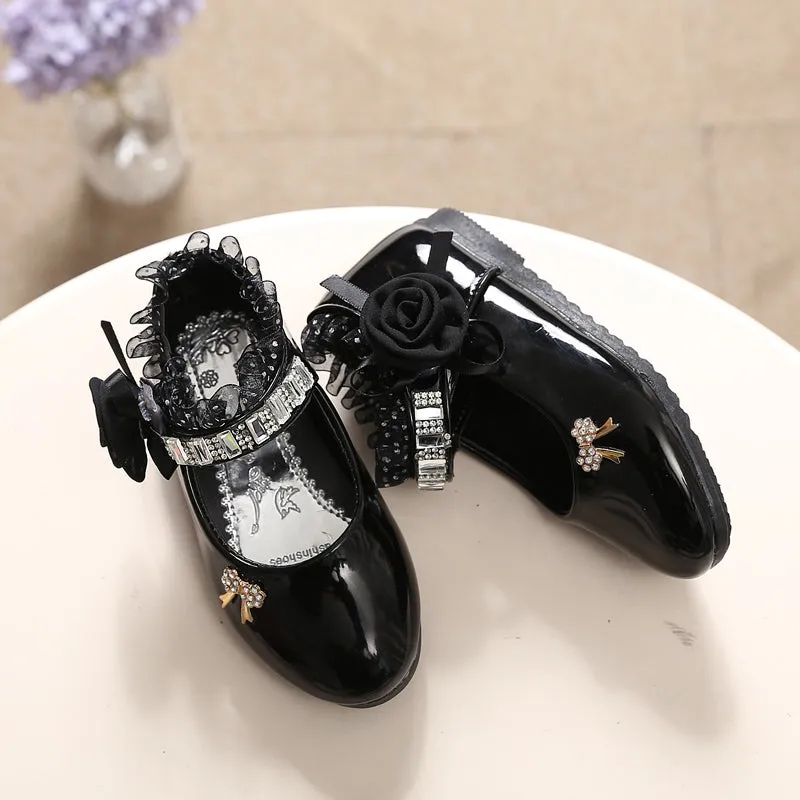 Cute Girls' Bow-Knot Trim Lace PU Princess Shoes With Rose Shape Buckle