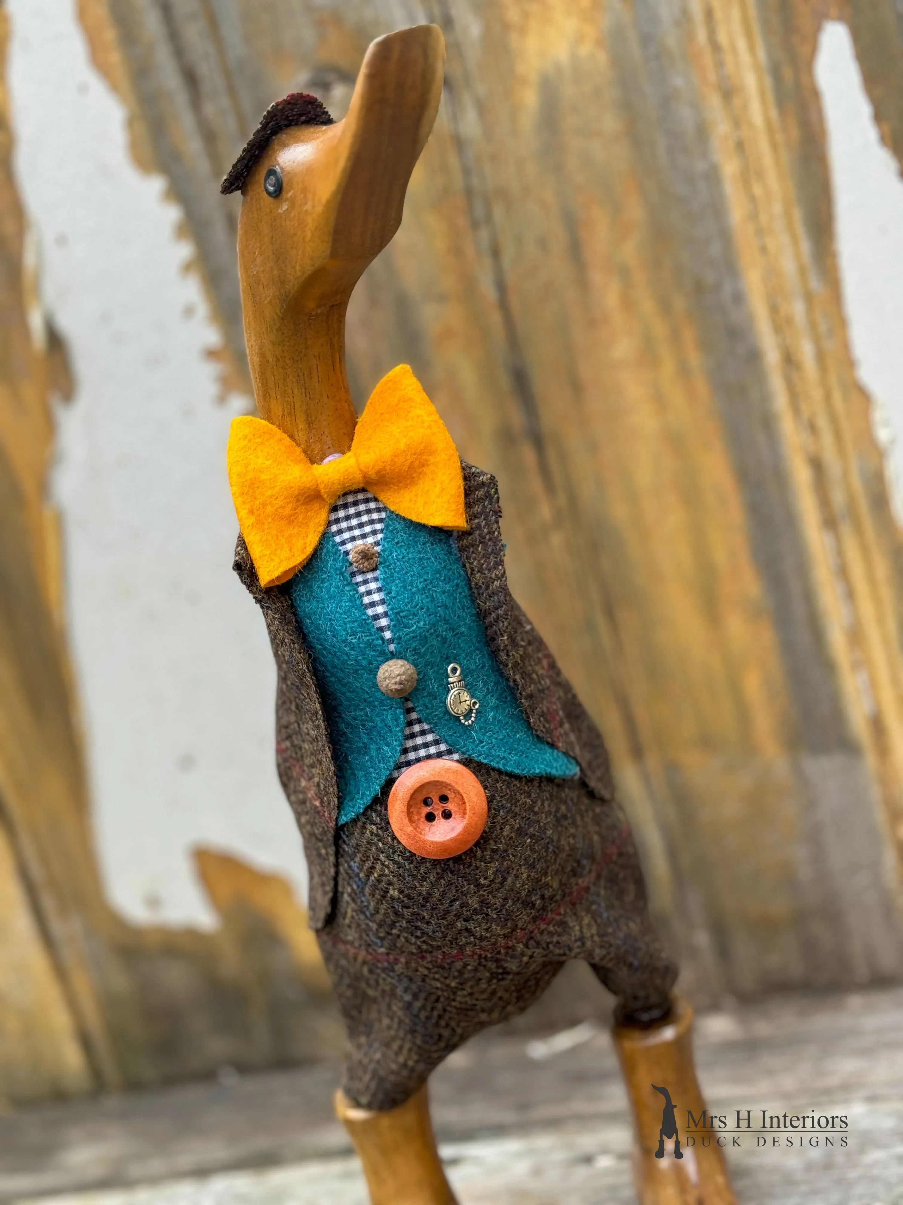 Duke the drake, Harris tweed wearing, super refined gent - Decorated Wooden Duck in Boots by Mrs H the Duck Lady