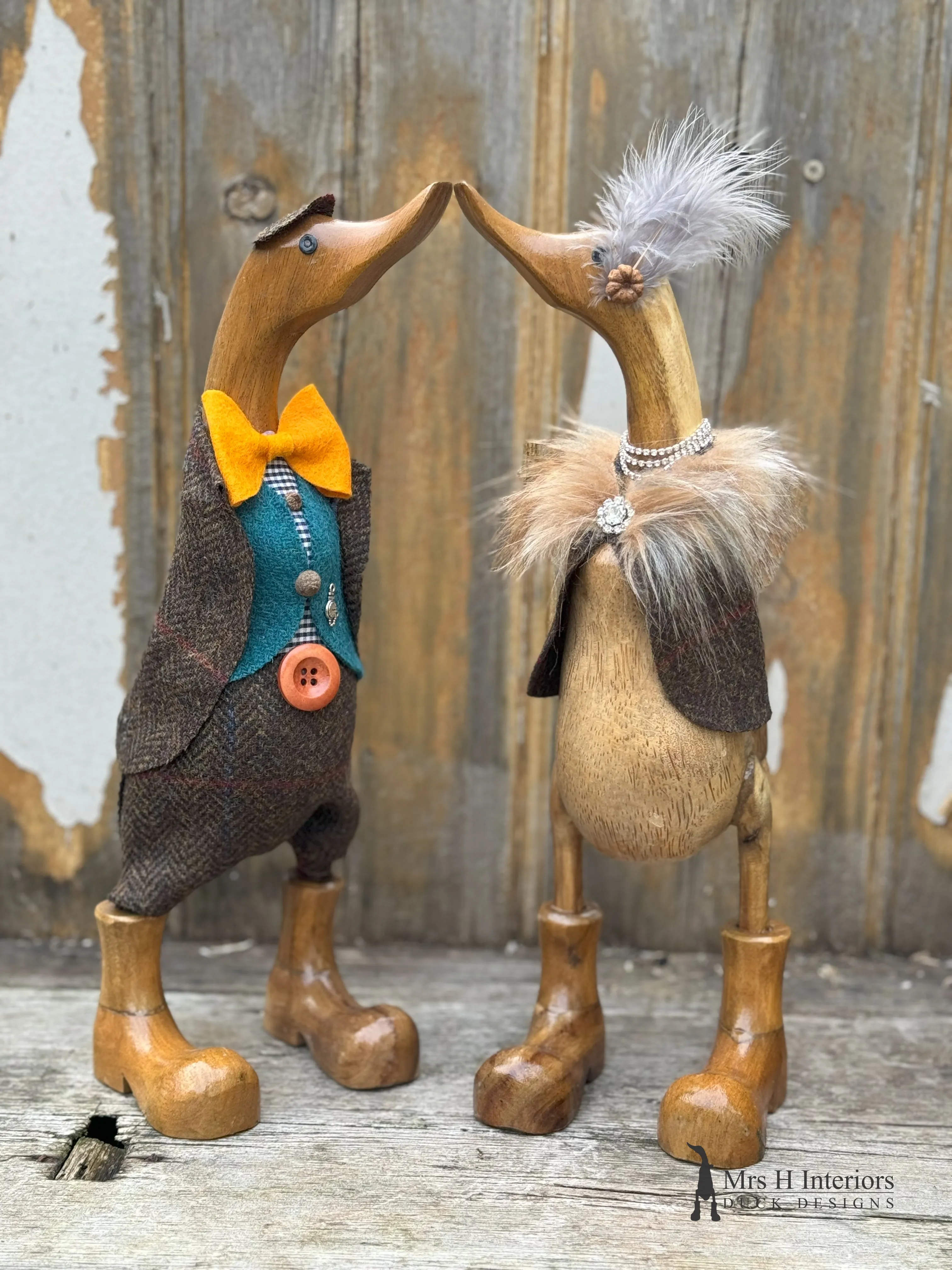 Duke the drake, Harris tweed wearing, super refined gent - Decorated Wooden Duck in Boots by Mrs H the Duck Lady