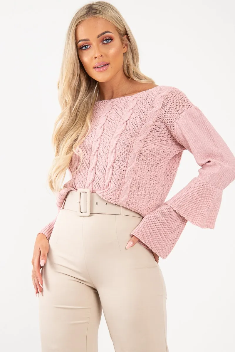 Dusty Pink Chunky Knit Sleeve Detail Jumper - Lillienne