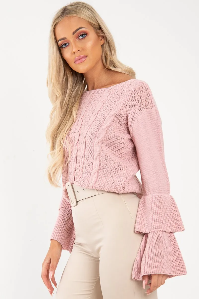 Dusty Pink Chunky Knit Sleeve Detail Jumper - Lillienne