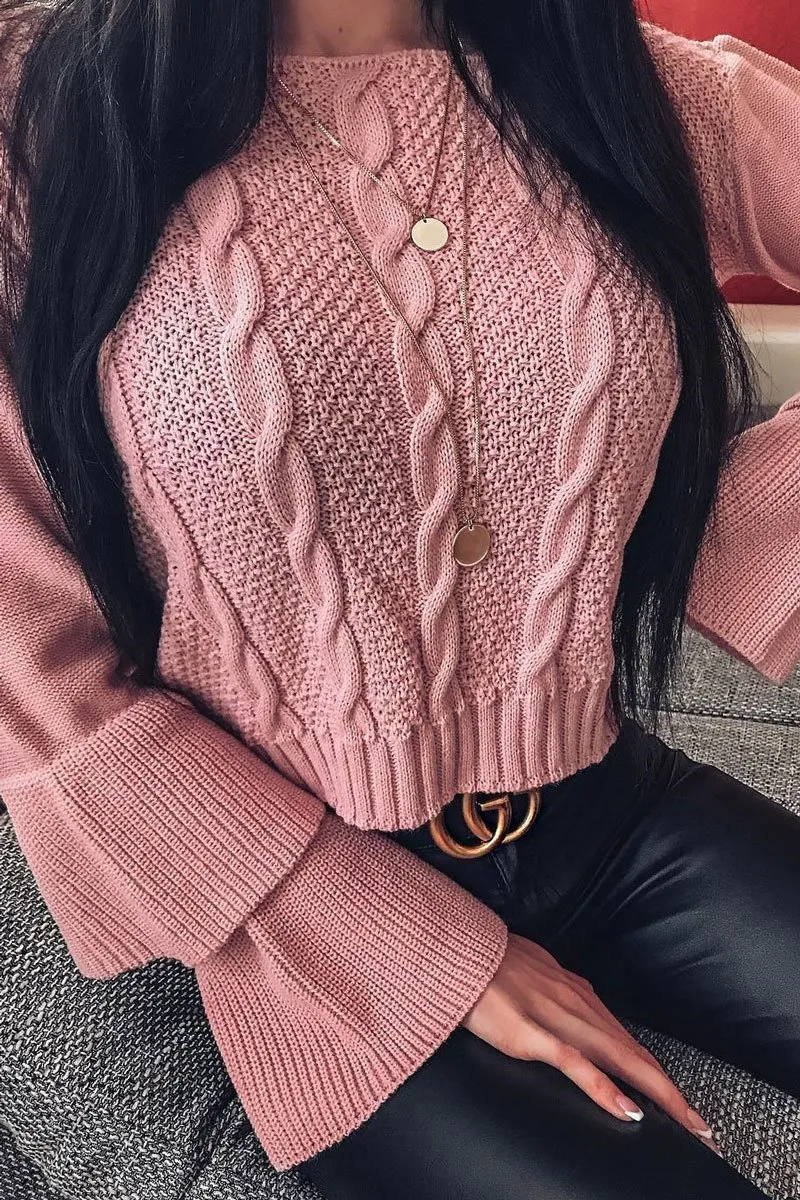 Dusty Pink Chunky Knit Sleeve Detail Jumper - Lillienne