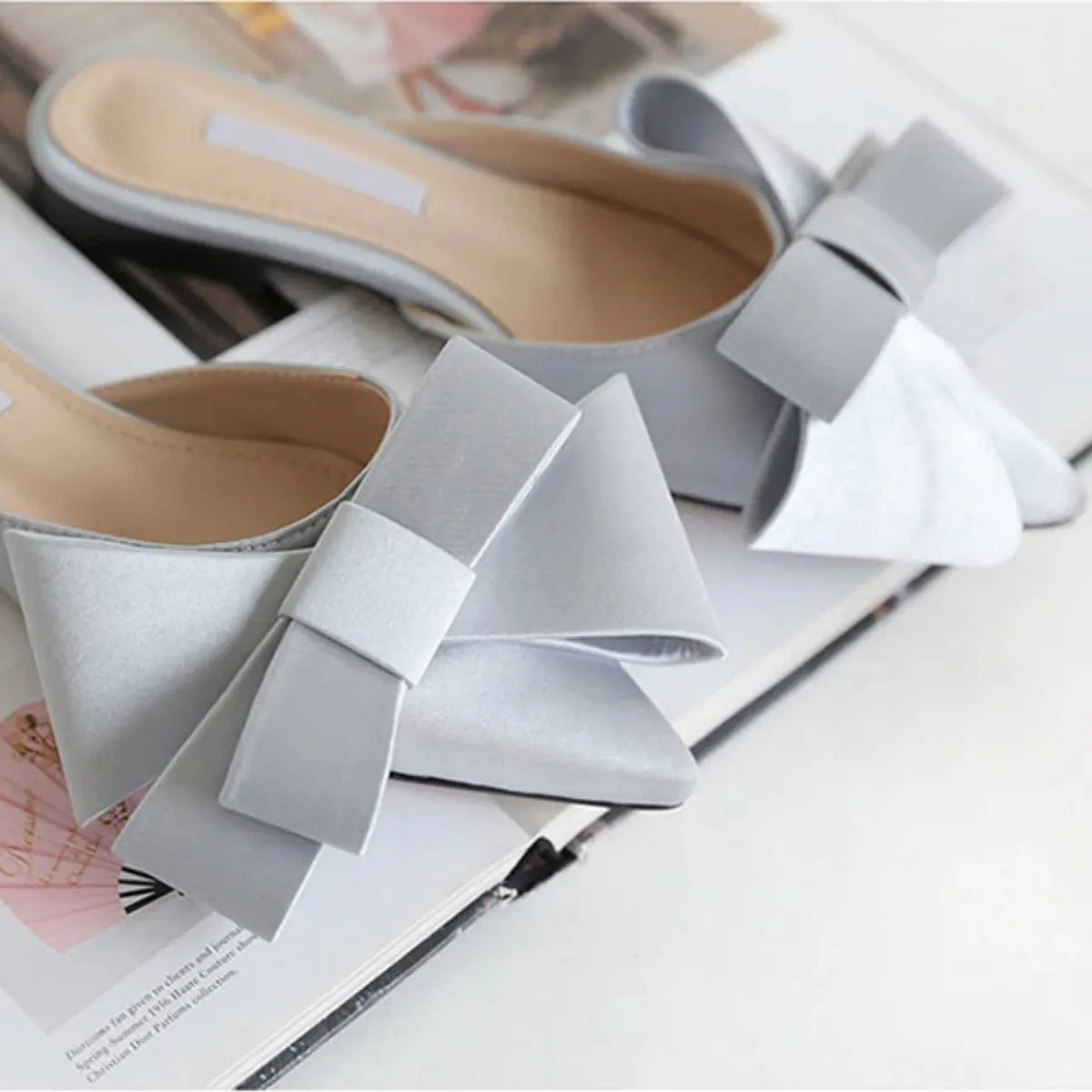 Elegant Bow Slides Pointed Toe Flat Sandals