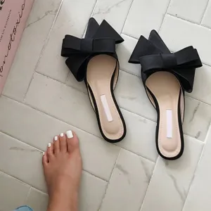 Elegant Bow Slides Pointed Toe Flat Sandals