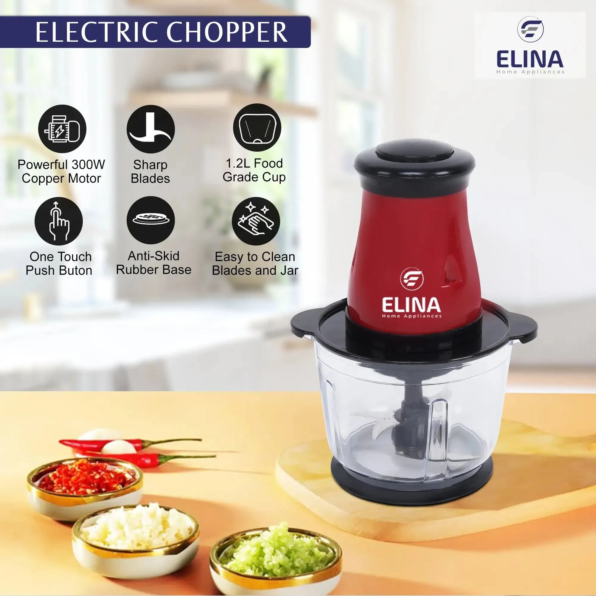 Elina 300 watt Copper Motor Electric Chopper with 1.2 Ltr. Transparent Bowl