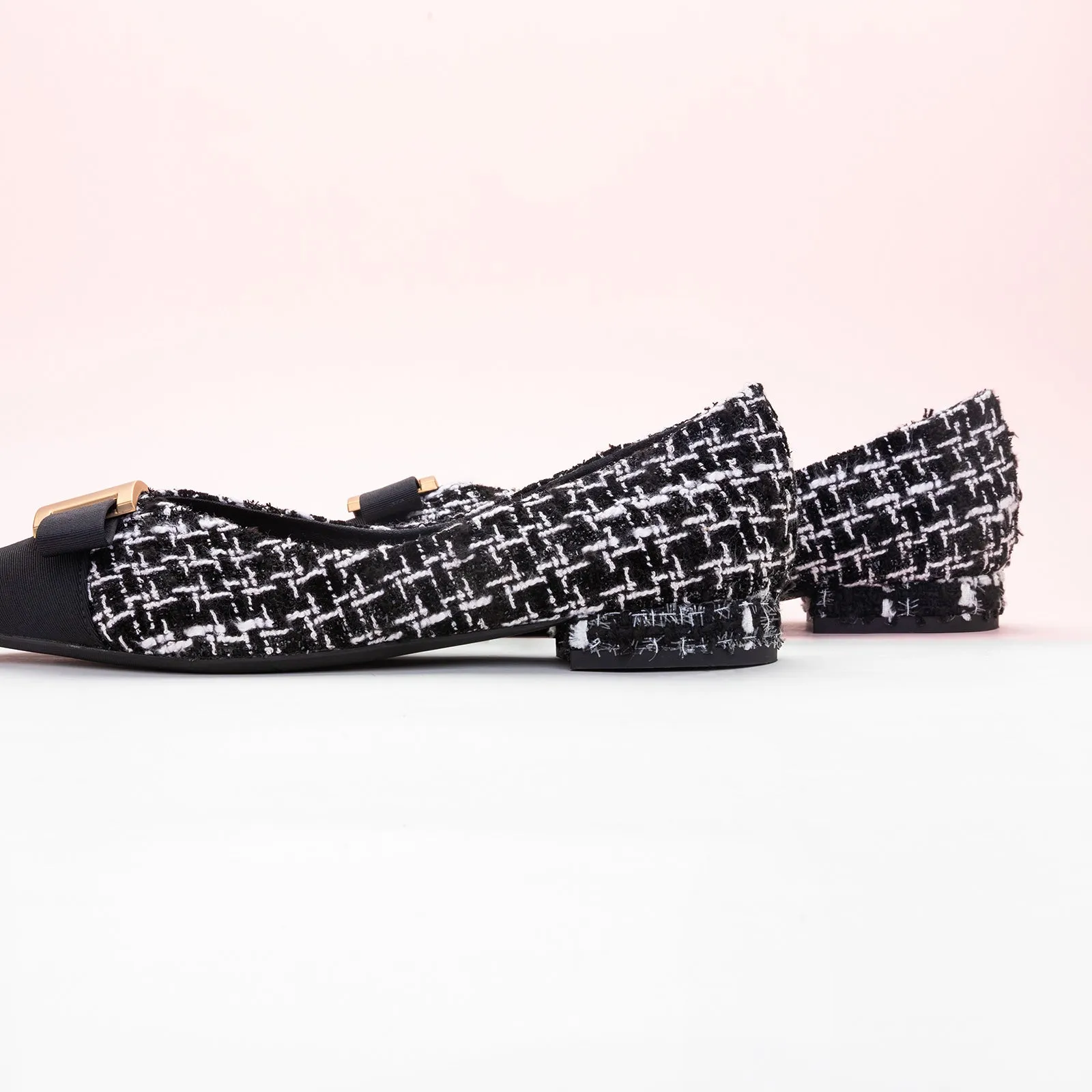 Embellished Bowknot Tweed Flats Black & White