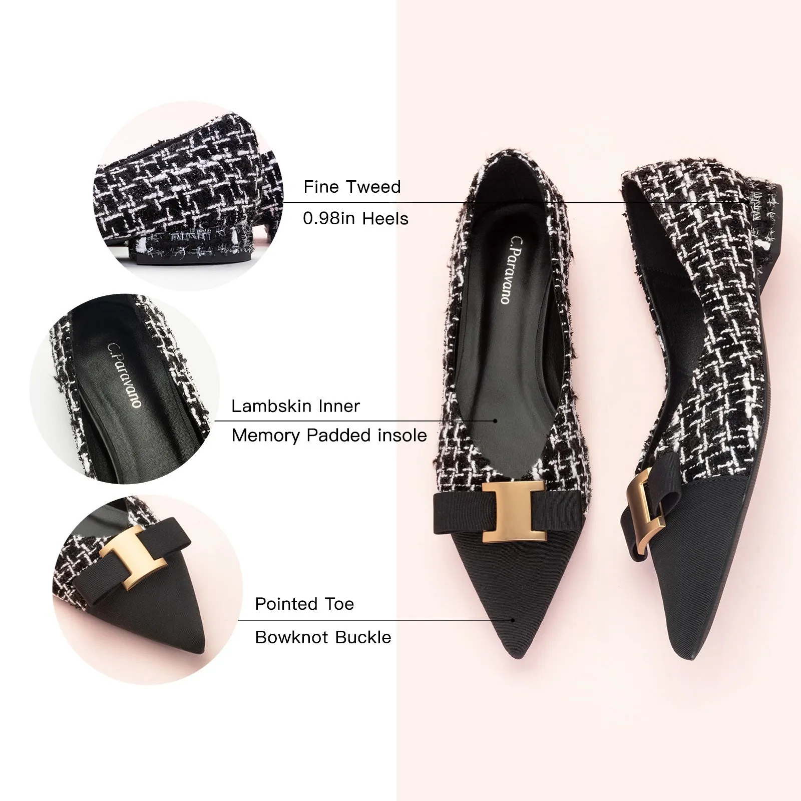 Embellished Bowknot Tweed Flats Black & White