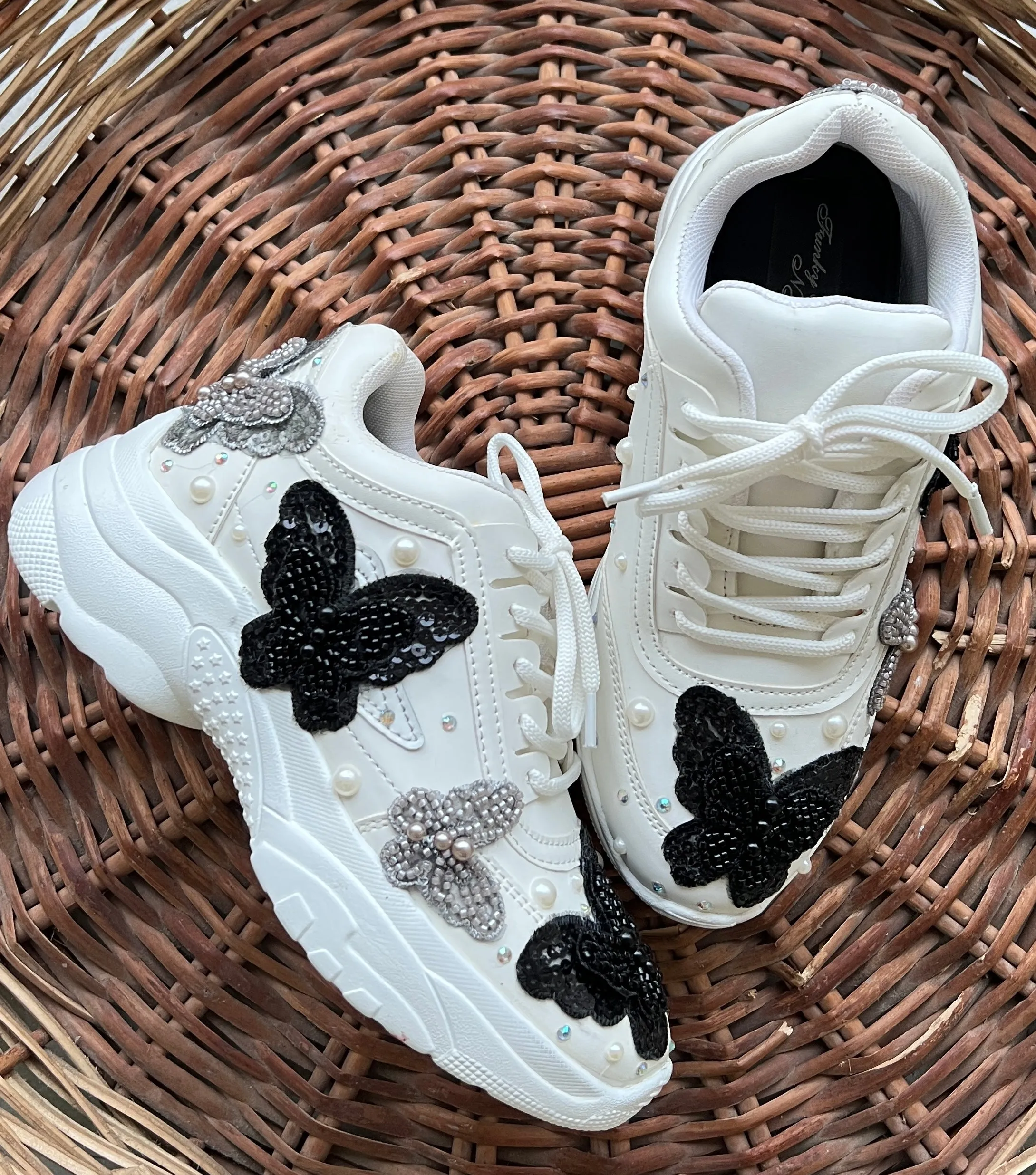 FUNKY N TRENDY black and grey butterfly embroidery sneakers for brides /white silver embroidered sneakers/ handcrafted sneakers/ butterfly sneakers / bridal sneakers / bridesmaid sneakers/ black sneakers/ grey sneaker