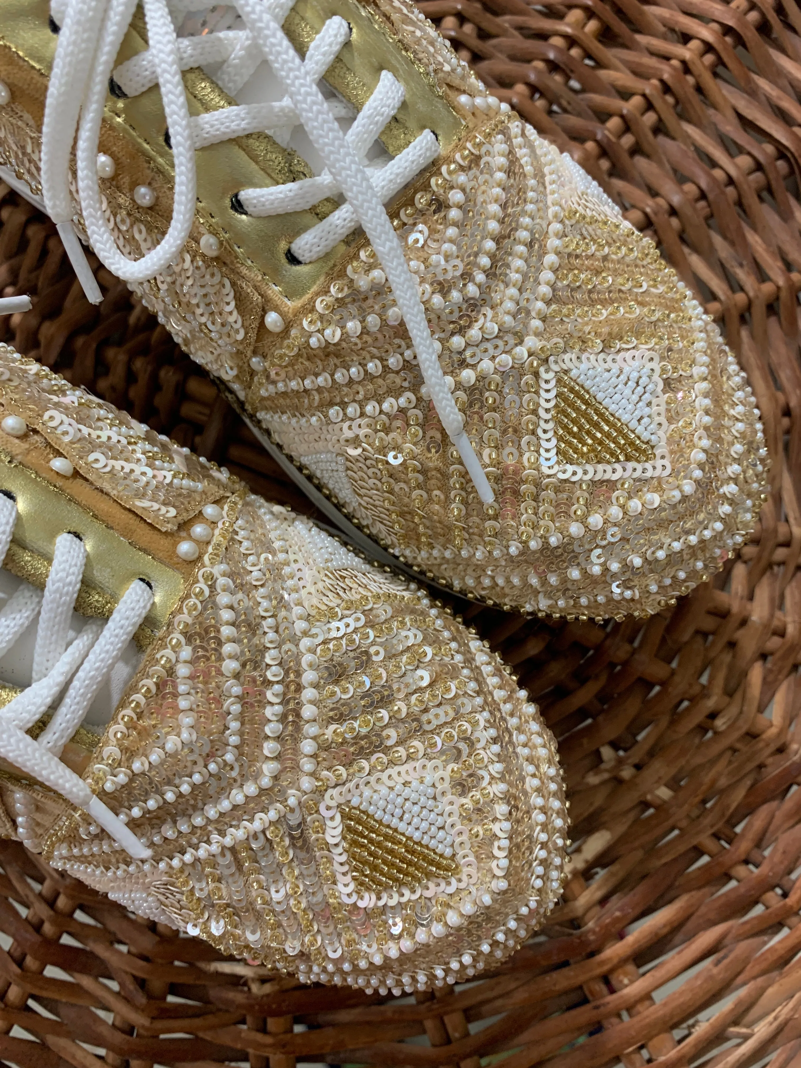 FUNKY N TRENDY ivory and gold intricate hand embroidered sneakers for brides /bridesmaids / sneakers for bridesmaids/ handcrafted sneakers/ sequine sneakers / bridal sneakers / bridesmaid sneakers/ ivory sneakers /embroidered shoes