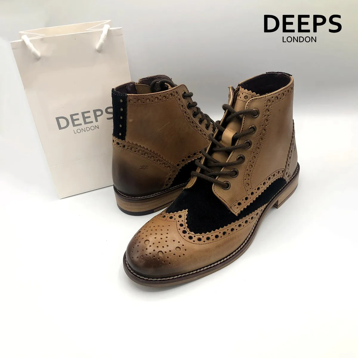 GATSBY BOOTS LONDON BROGUES TAN LEATHER-BROWN TWEED