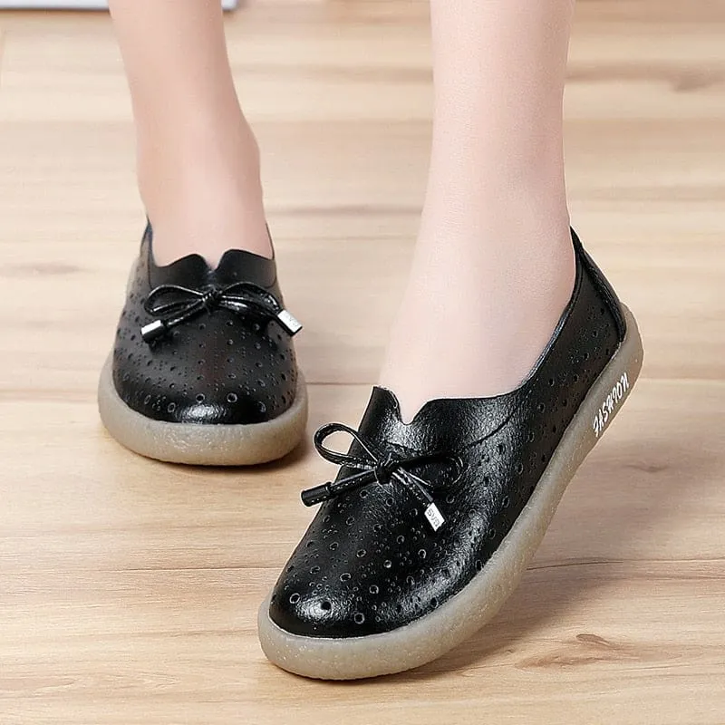 Genuine Leather Hollow Out Solid Soft Ballet Flats Summer Women's Slip On Loafers