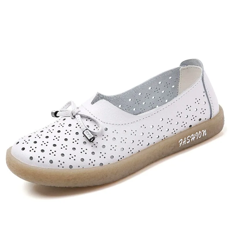 Genuine Leather Hollow Out Solid Soft Ballet Flats Summer Women's Slip On Loafers