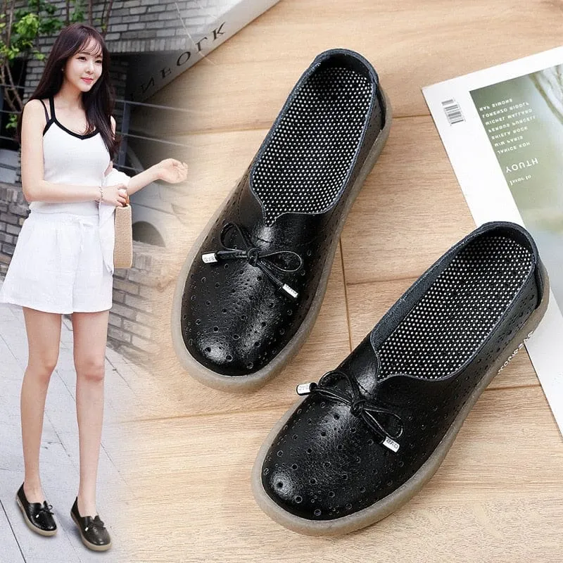 Genuine Leather Hollow Out Solid Soft Ballet Flats Summer Women's Slip On Loafers