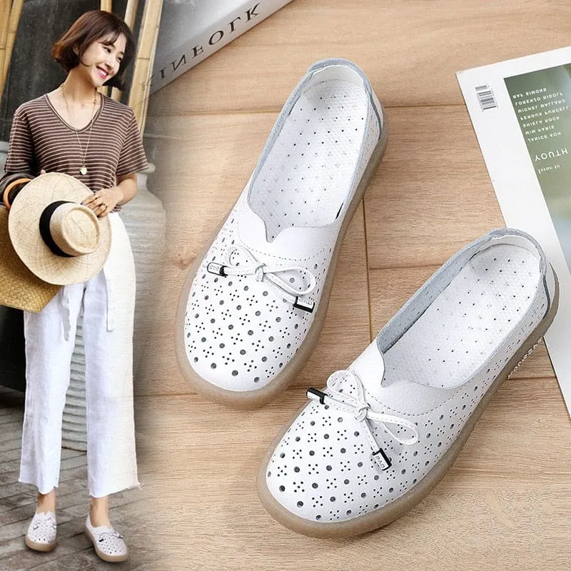 Genuine Leather Hollow Out Solid Soft Ballet Flats Summer Women's Slip On Loafers